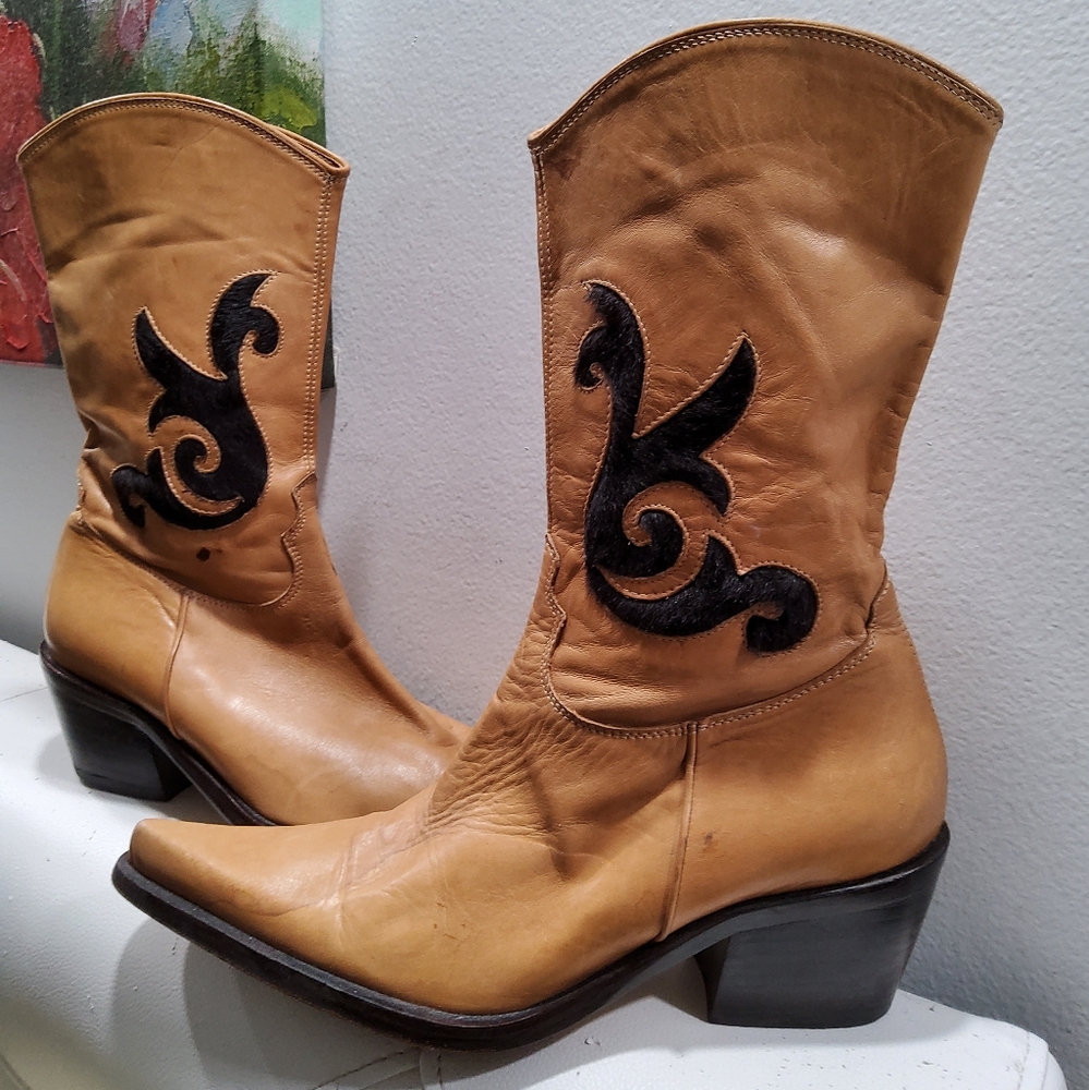 Blue Deep Leather Cowboy Western Boots Size 37